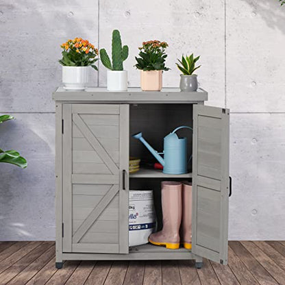 Potting Bench with Storage Cabinet and Metal Table Top for Outdoor Patio, Garden Furniture Wood Workstation