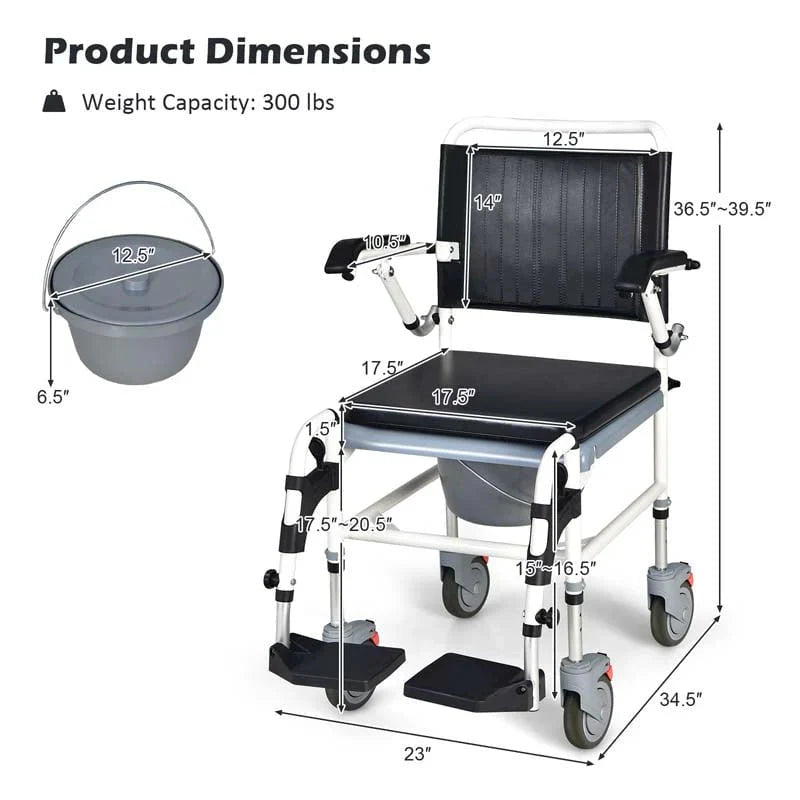 4 In 1 Bedside Commode Chair Shower Wheelchair With Detachable Bucket Padded Mobile Toilet Chair - Comfortable And Ergonomic Design