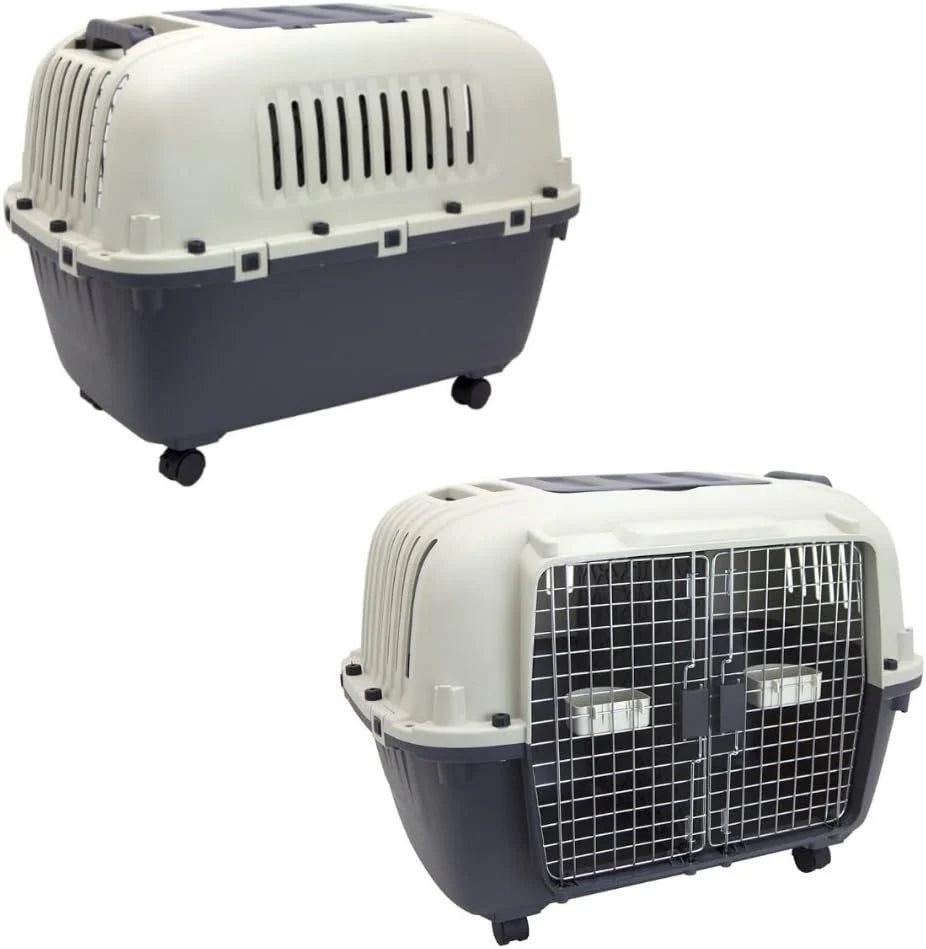 Designs Plastic Kennels Rolling Plastic Airline Approved Wire Door Travel Dog Crate, XXX-Large, Gray