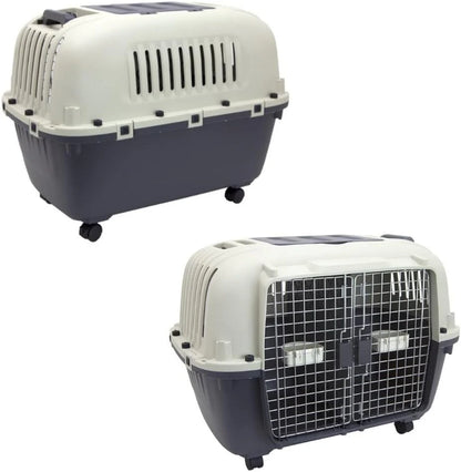 Designs Plastic Kennels Rolling Plastic Airline Approved Wire Door Travel Dog Crate, XXX-Large, Gray