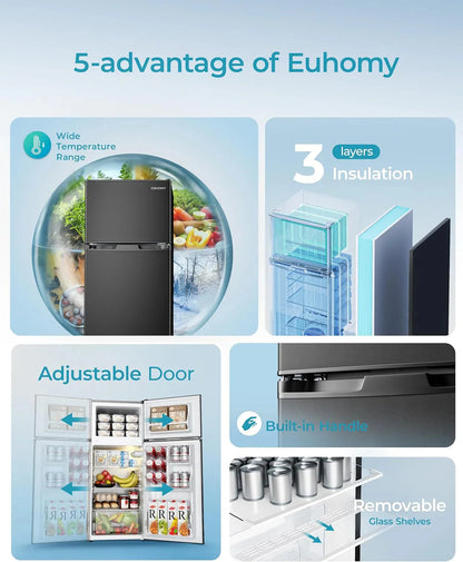 EUHOMY 3.2 Cu.Ft Mini Fridge with Freezer – 2-Door Compact Refrigerator for Bedroom, Dorm, Office or Apartment, Silver