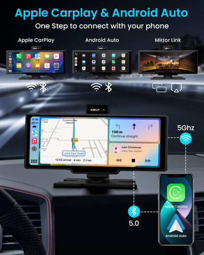 IIWEY Portable Apple Carplay Screen 10'' Car Stereo 4K Dash Cam