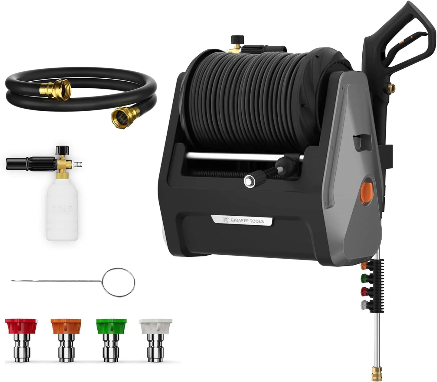 Pressure Washer, Electric Wall Mounted Power Washer with 100FT Retractable Hose, Soap Tank and 4-Nozzle Set, Dark Silver