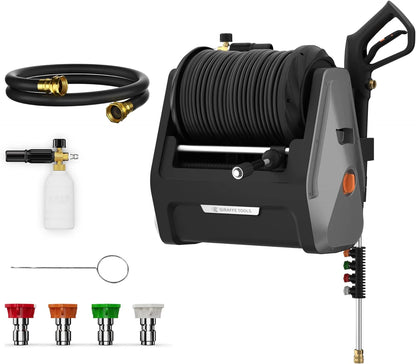 Pressure Washer, Electric Wall Mounted Power Washer with 100FT Retractable Hose, Soap Tank and 4-Nozzle Set, Dark Silver