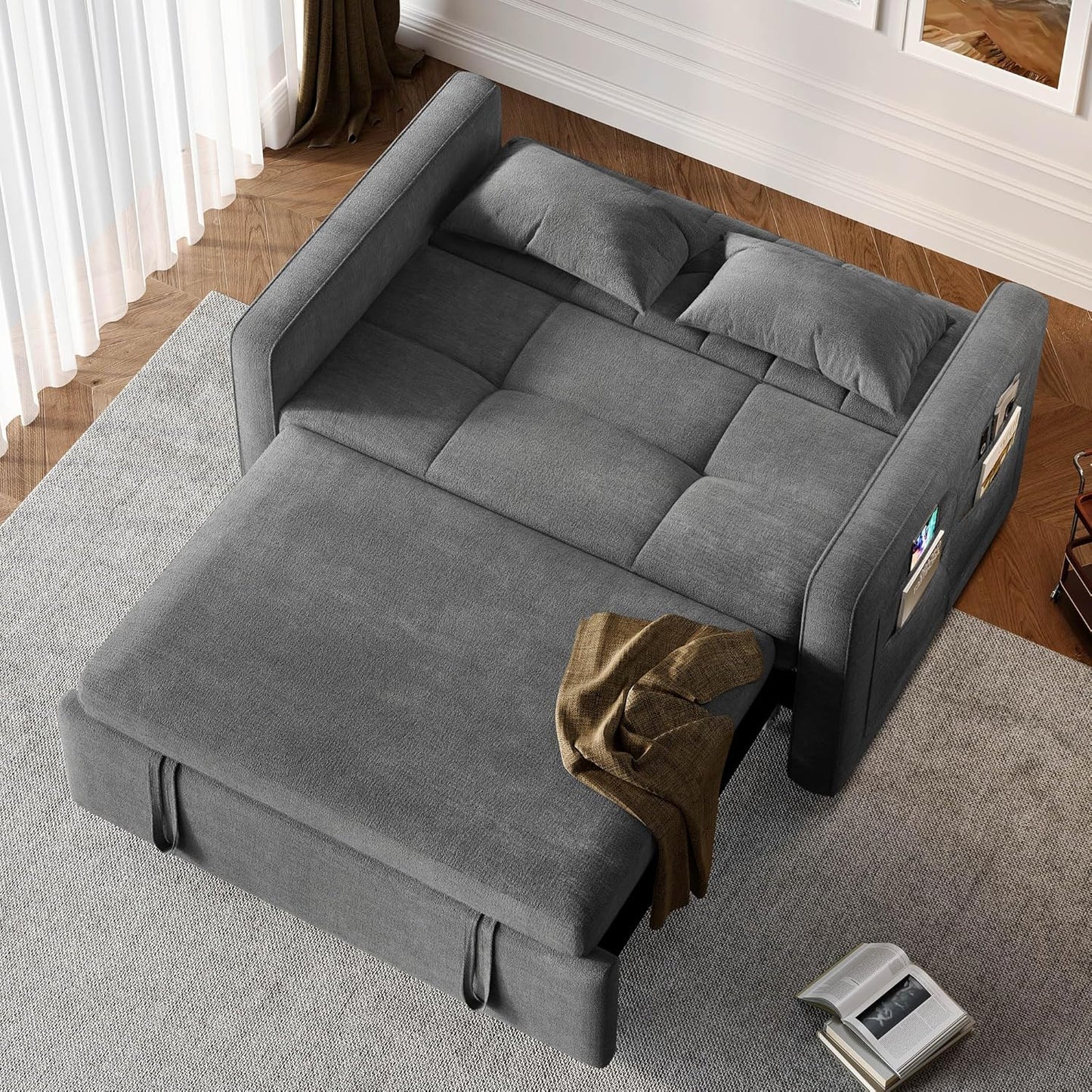 DWVO 3-in-1 Convertible Sofa Bed, 55" Sleeper Sofa with Pull-Out Bed, Cat-Scratch-Proof Fabric Futon Couch with Adjustable Backrest and Side Pocket, Loveseat for Living Room Apartment, Grey