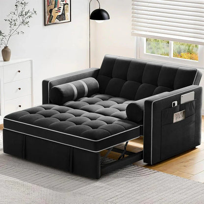 Pipishell 3 in 1 Convertible Sleeper Sofa Bed,Pull Out Couch for Living Room with USB Ports & Side Pockets,Adjustable Backrest,Velvet,Loveseat Sofa Bed,Futon Couches,Black