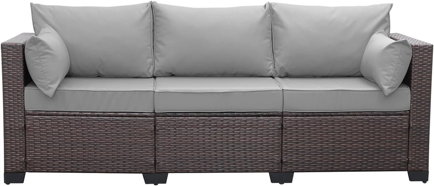WAROOM Patio Couch PE Wicker 3-Seat Outdoor Brown Rattan Sofa Deep Seating Furniture with Non-Slip Beige Cushion