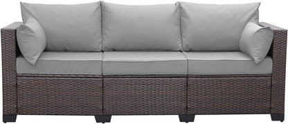 WAROOM Patio Couch PE Wicker 3-Seat Outdoor Brown Rattan Sofa Deep Seating Furniture with Non-Slip Beige Cushion