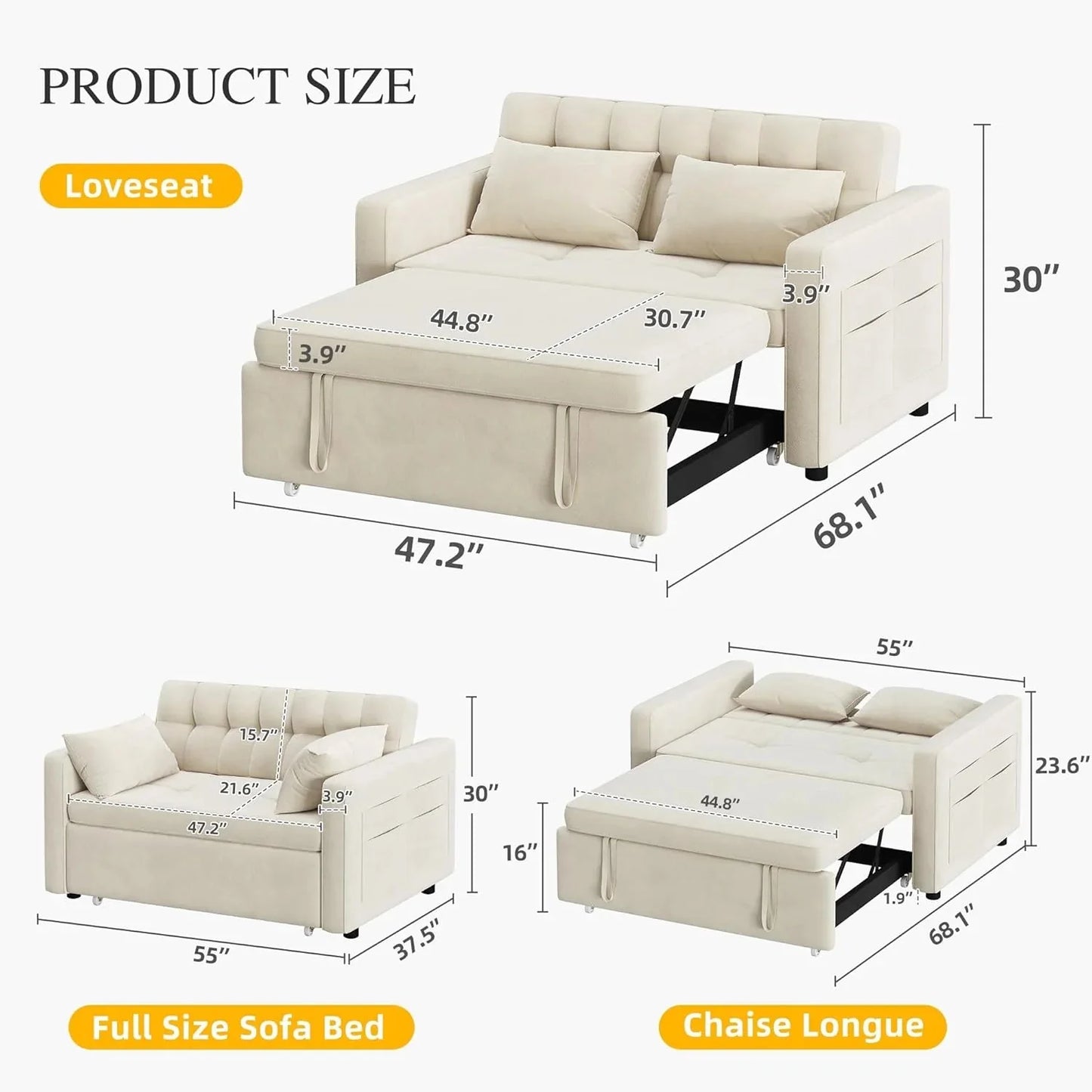 DWVO 3-in-1 Convertible Sofa Bed, 55" Sleeper Sofa with Pull-Out Bed, Cat-Scratch-Proof Fabric Futon Couch with Adjustable Backrest and Side Pocket, Loveseat for Living Room Apartment, Grey