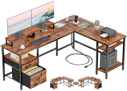 FUROLOGEE 66” L Shaped Desk with Power Outlet & Storage Shelves