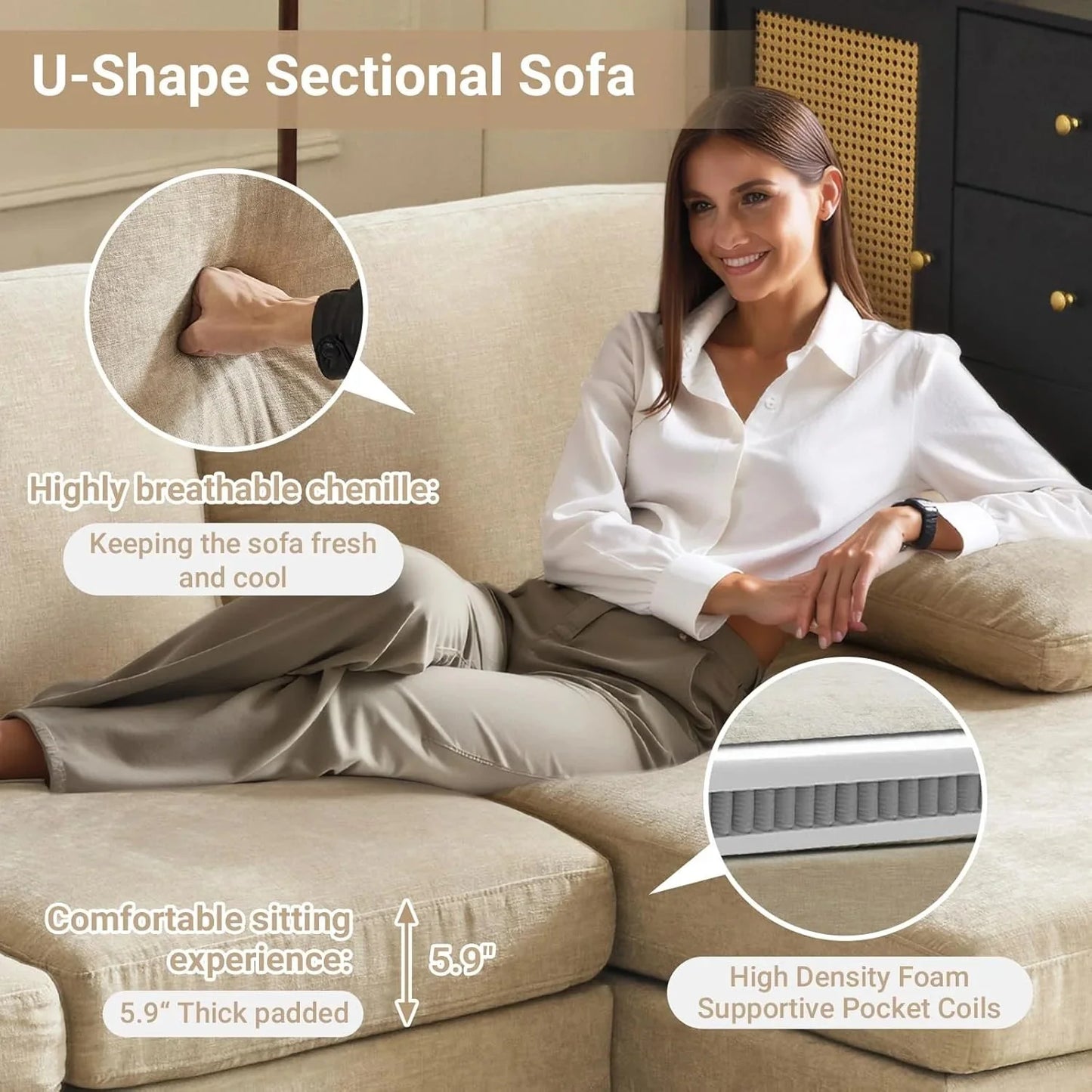 VINGLI 110" Sectional Couches for Living Room,U Shaped Couch with Double Chaise, 4-Seat Sofa Set with Chenille Fabric for Home Furniture,Beige