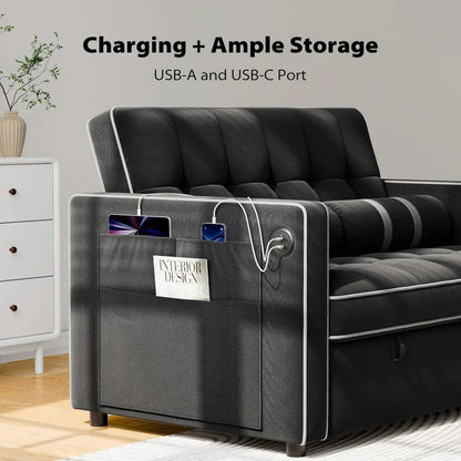 Pipishell 3 in 1 Convertible Sleeper Sofa Bed,Pull Out Couch for Living Room with USB Ports & Side Pockets,Adjustable Backrest,Velvet,Loveseat Sofa Bed,Futon Couches,Black