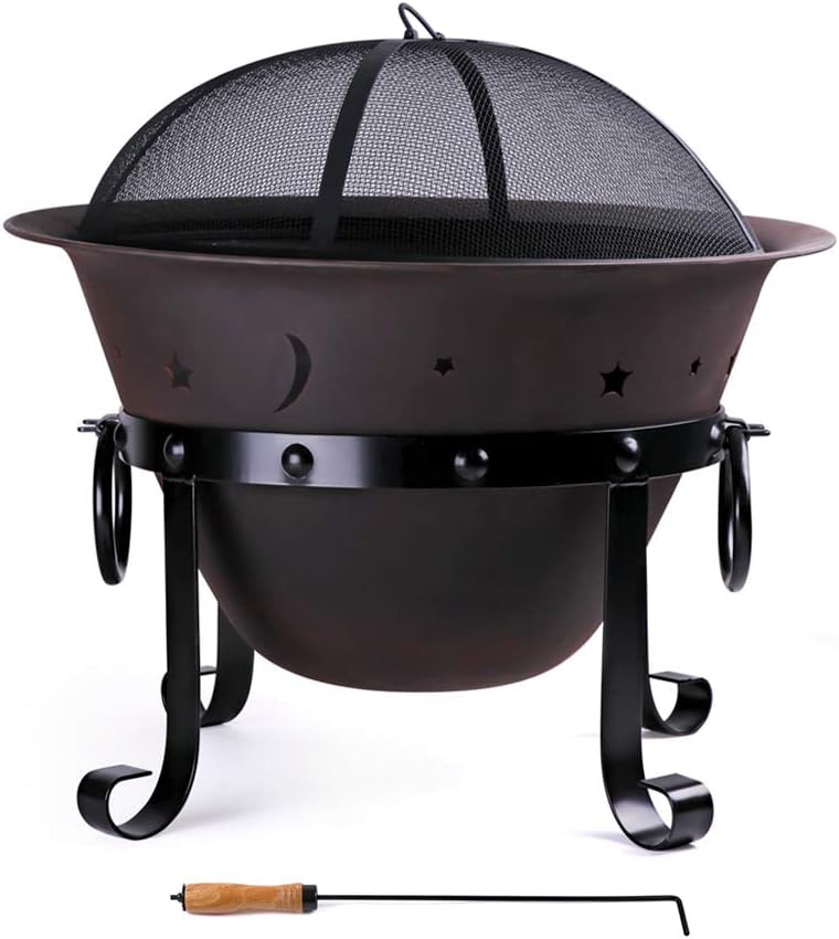 Cast Iron Fire Pits, Outdoor Round Wood Burning Fire Pit Bowl with Mesh Screen,Fireplace Poker,29 inch cast Iron Black