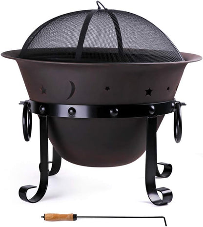 Cast Iron Fire Pits, Outdoor Round Wood Burning Fire Pit Bowl with Mesh Screen,Fireplace Poker,29 inch cast Iron Black