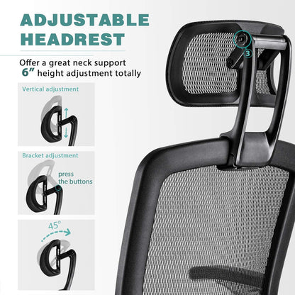 Ergonomic Mesh Office Chair, High Back Desk Chair - Adjustable Headrest with Flip Arm, Tilt Function, Lumbar Support and PU Wheels, Swivel Computer Work Chair
