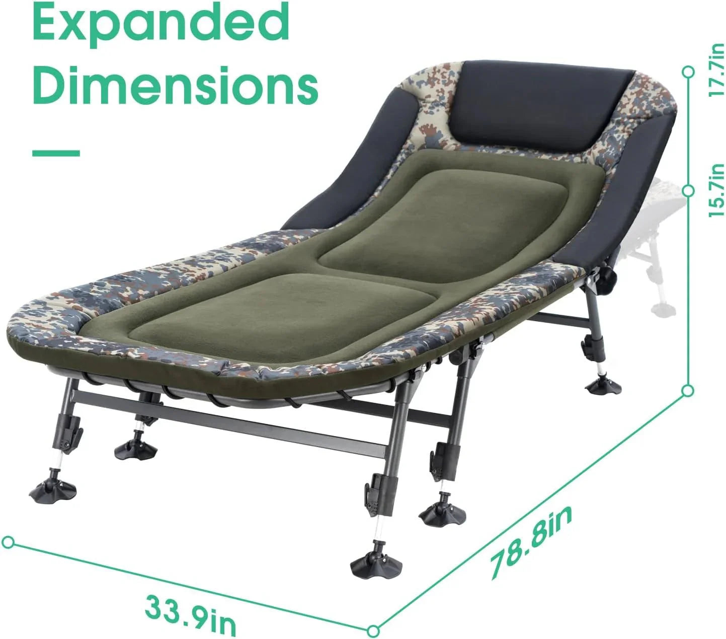 Camping Cots for Adults 330Lbs with Carry Bag, Heavy Duty Folding Bed with Soft Padded Cushion, Portable Military Cot for Hunting, 180° Adjustable Reclining Outdoor Lounger