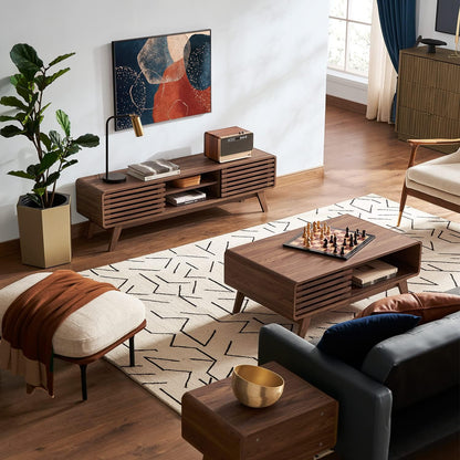 Mopio Ensley Mid Century Modern Rectangle Coffee Table with Dual Storage Shelf, Wood Slat Sliding Door, & Rounded Edge Protection for Living Room, Walnut Grain