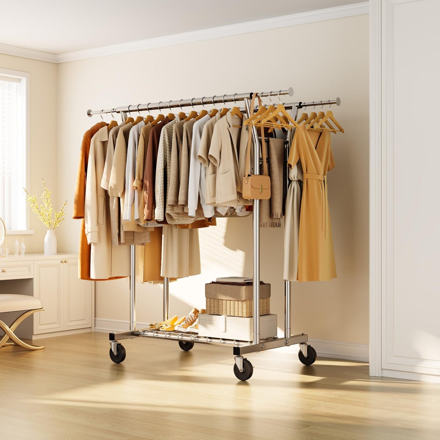HYSEYY Heavy Duty Rolling Clothes Rack with Shelves 700LBS