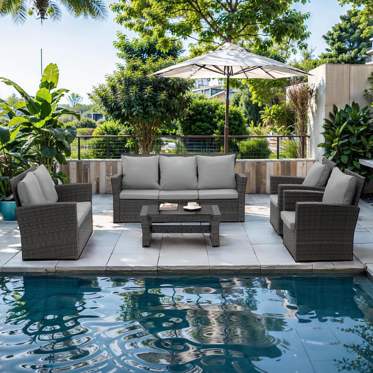Wisteria Lane 4 Piece Outdoor Patio Furniture Sets, Wicker Conversation Set for Porch Deck, Grey Rattan Sofa Chair with Cushion Blue