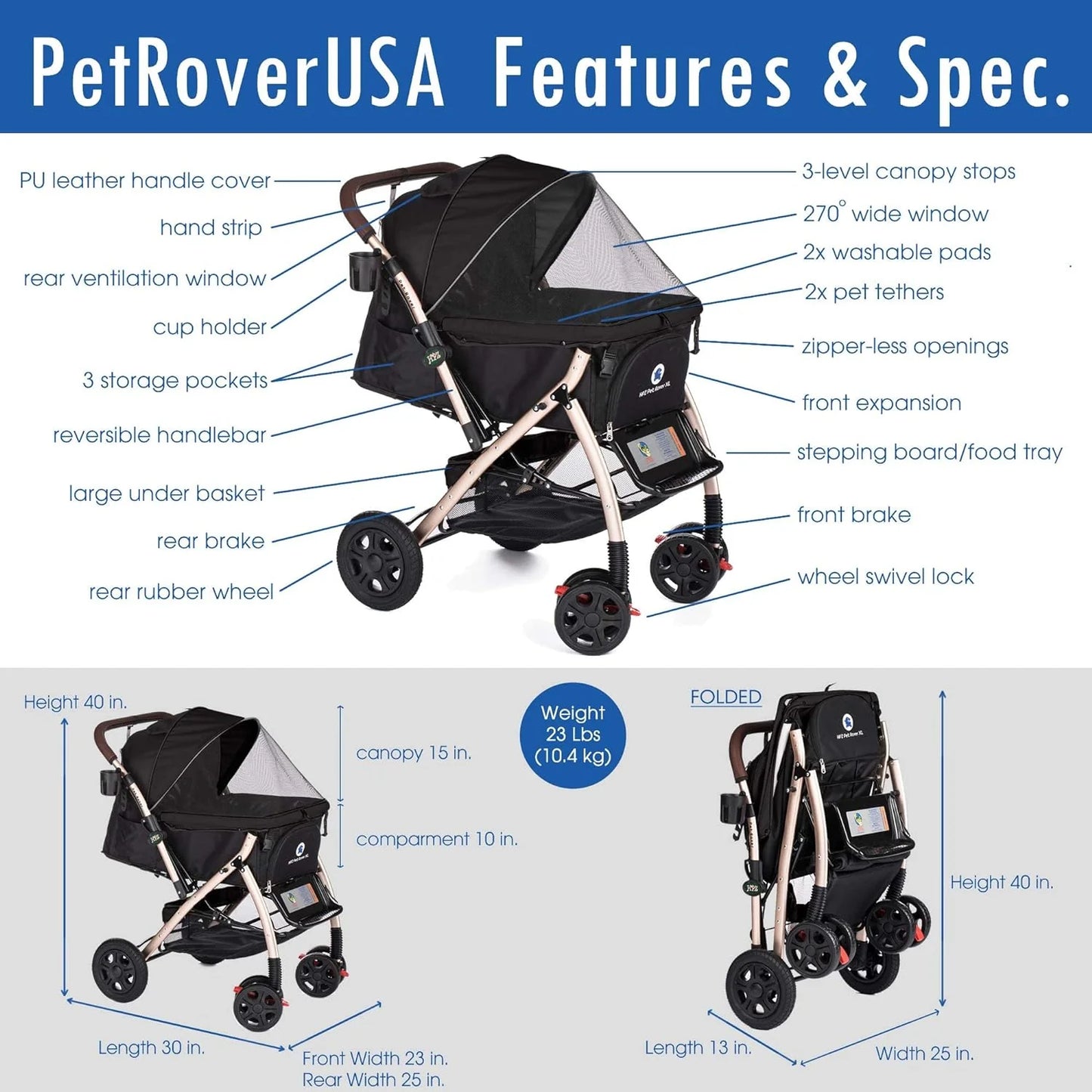 Pet Rover Premium Heavy Duty DogCat Stroller Travel Carriage CompartmentZipperless EntryPump-Free Rubber Tires Small, Medium, Large Pets (Black 2nd-Gen.), X-Large (Pack of 1)