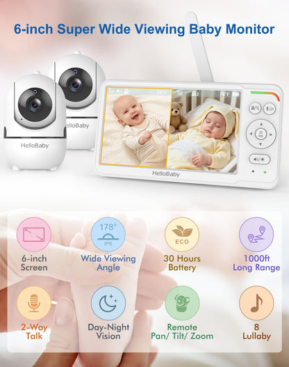 HELLOBABY Baby Monitor with 2 Cameras & 6" Split Screen