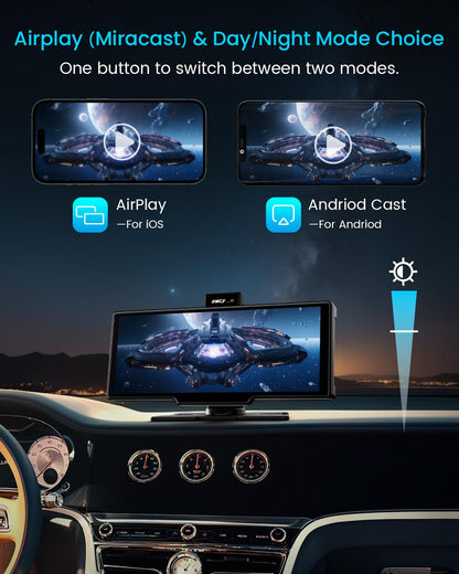 IIWEY Portable Apple Carplay Screen 10'' Car Stereo 4K Dash Cam