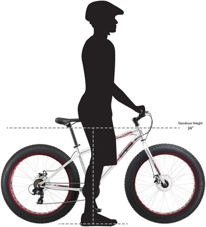Mongoose Malus Mens and Women Fat Tire Mountain Bike, 26-Inch Bicycle Wheels, 4-Inch Wide Knobby Tires, Steel Frame, 7 Speed Drivetrain, Shimano Rear Derailleur, Disc Brakes