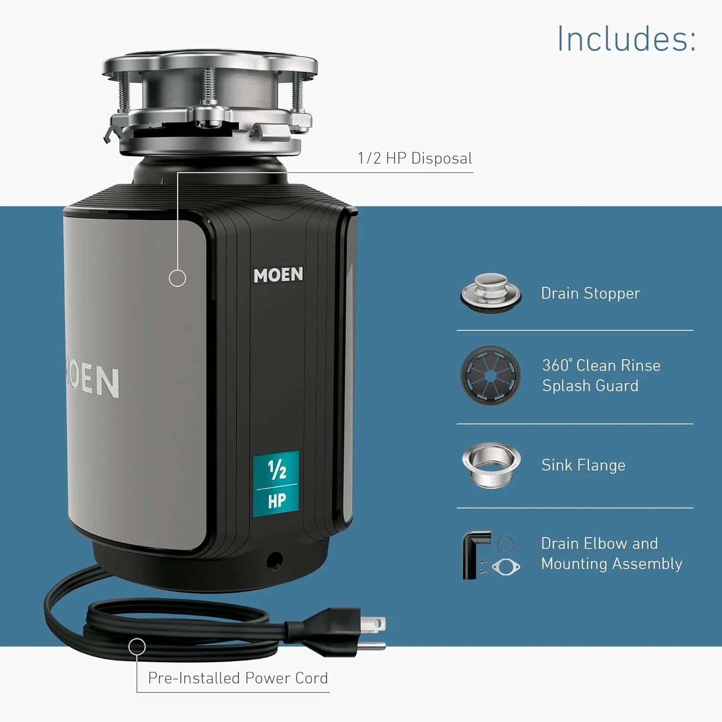 Disposer Prep Series 1/2 HP Continuous Feed Garbage Disposal with Sound Reduction, Power Cord Included