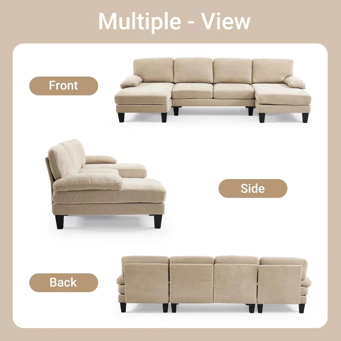 VINGLI 110" Sectional Couches for Living Room,U Shaped Couch with Double Chaise, 4-Seat Sofa Set with Chenille Fabric for Home Furniture,Beige