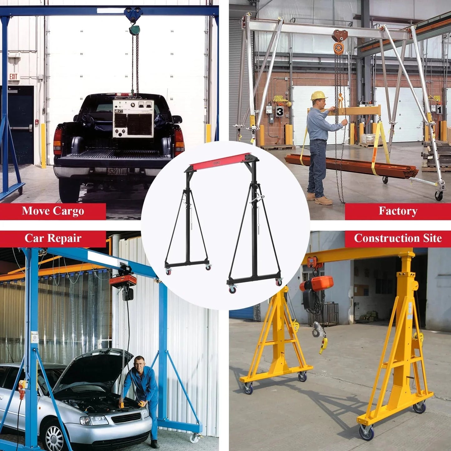 Garvee 1 Ton Adjustable Gantry Crane, 2200 lbs Capacity, Height Adjustable 96.5"-143.7", Portable Hoist for Factory, Construction, Warehouse, Auto Repair