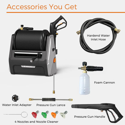 Pressure Washer, Electric Wall Mounted Power Washer with 100FT Retractable Hose, Soap Tank and 4-Nozzle Set, Dark Silver