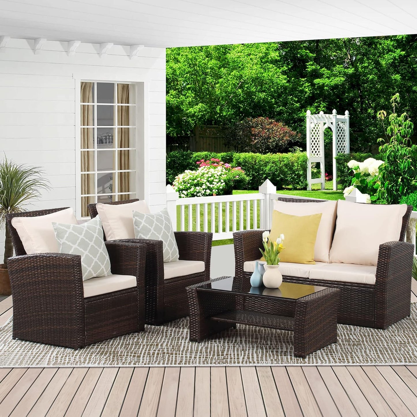 Wisteria Lane 4 Piece Outdoor Patio Furniture Sets, Wicker Conversation Set for Porch Deck, Grey Rattan Sofa Chair with Cushion Blue