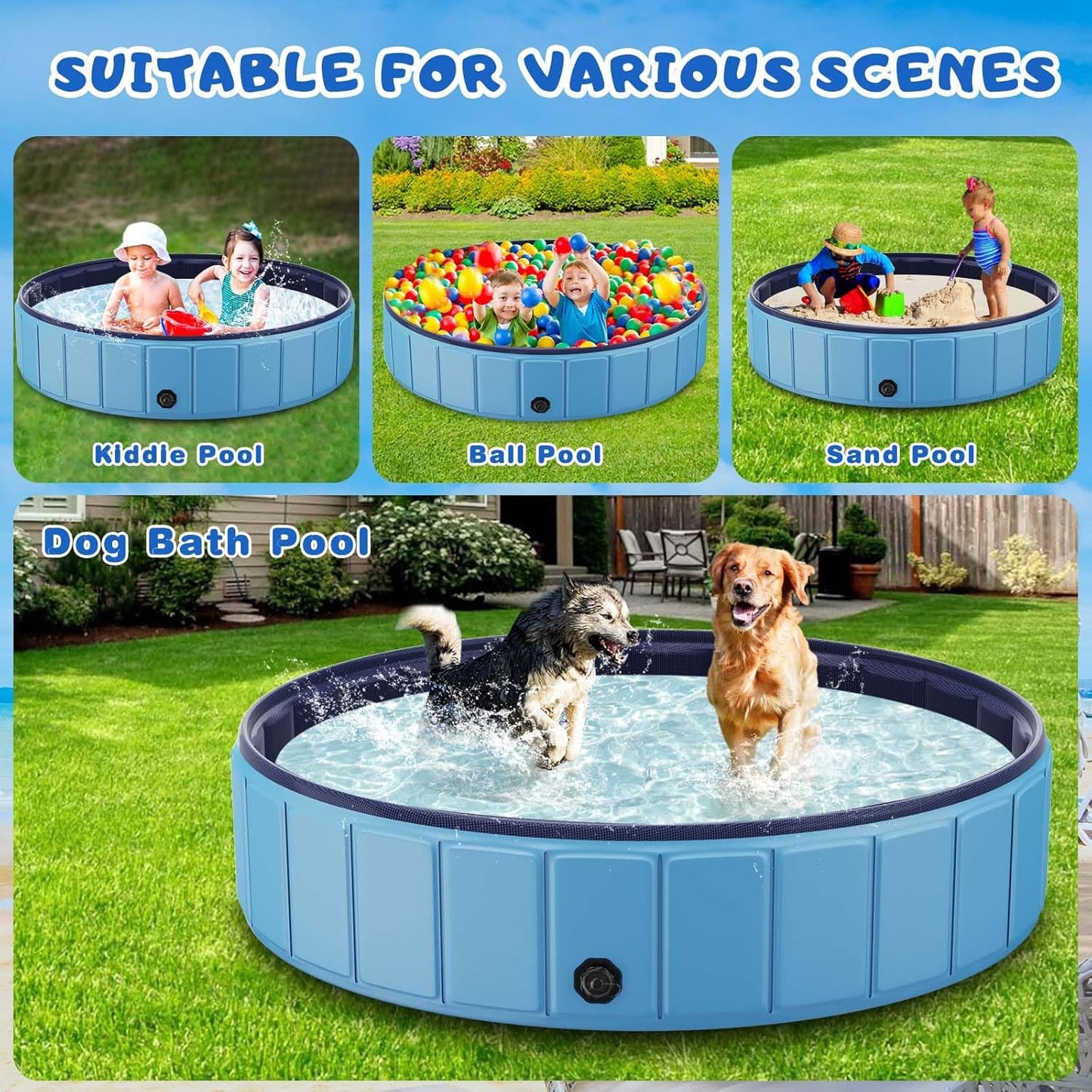 Foldable Dog Swimming Pool, 120"x20" Oversize Collapsable Hard Plastic Potable Bathing Tub for Pet Dog Kiddie Pool Indoor and Outdoor Leakproof PVC Play Pool for Large Dogs Pets Puppy Kids Blue