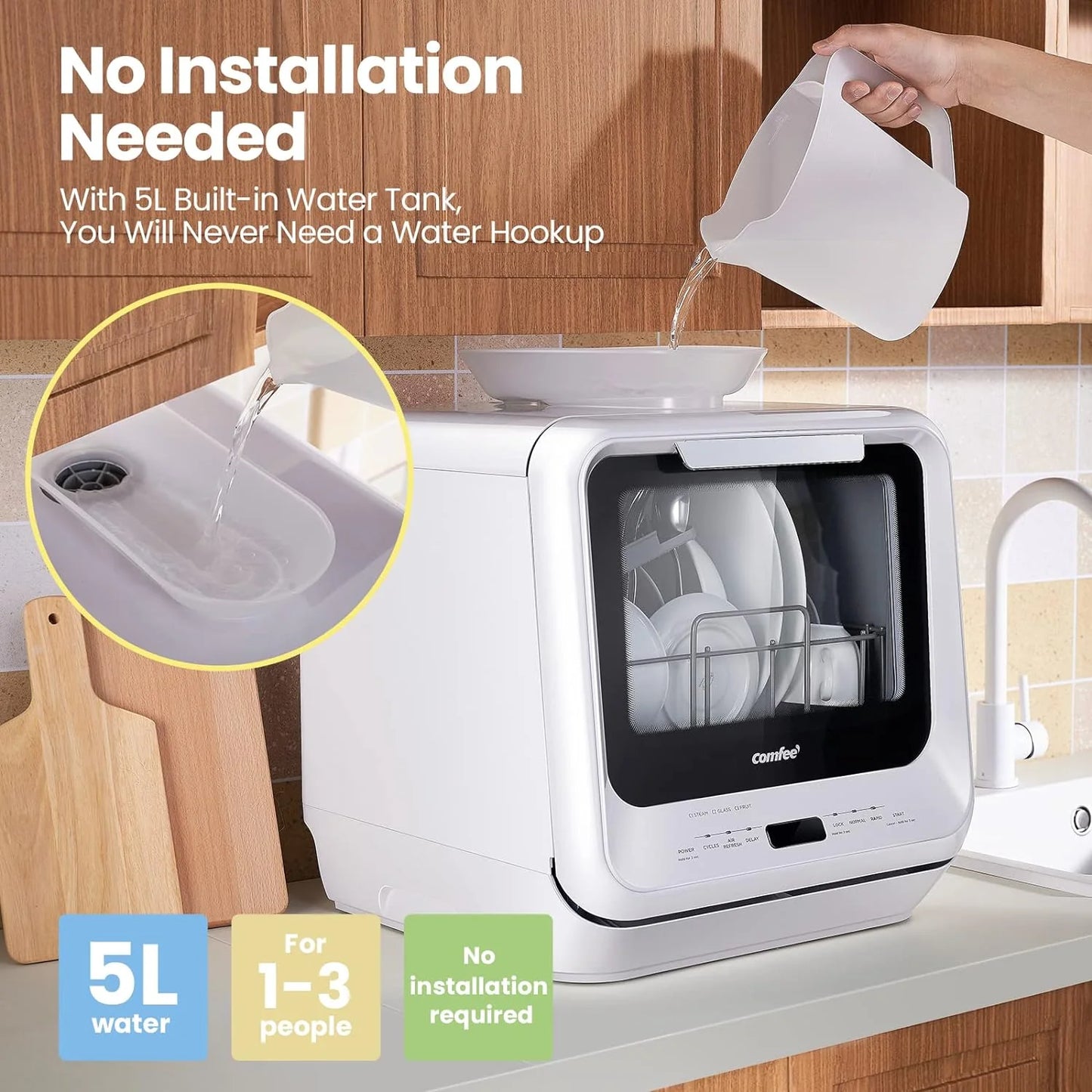 COMFEE' Portable Dishwasher Countertop with 5L Built-in Water Tank, No Hookup Needed, 6 Programs, 360° Dual Spray, 192℉ High-Temp& Air-Dry Function, Mini Dishwasher for RVs, White