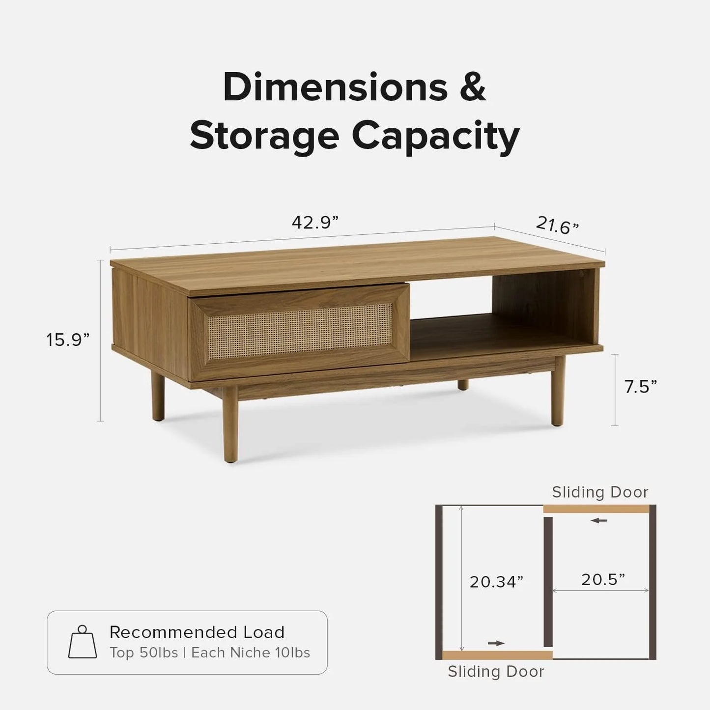 Mopio Ensley Mid Century Modern Rectangle Coffee Table with Dual Storage Shelf, Wood Slat Sliding Door, & Rounded Edge Protection for Living Room, Walnut Grain