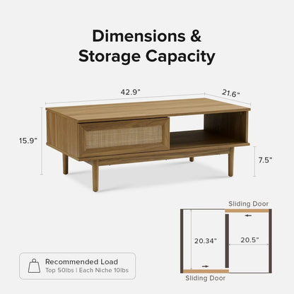 Mopio Ensley Mid Century Modern Rectangle Coffee Table with Dual Storage Shelf, Wood Slat Sliding Door, & Rounded Edge Protection for Living Room, Walnut Grain