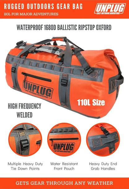 UNPLUG Ultimate Adventure Bag -1680D Heavy Duty Waterproof Travel Duffel Bags for Camping, Motorcycle Dry Bag, Waterproof Bags for Boating, Waterproof Duffle Backpack,Tactical Duffle Bag