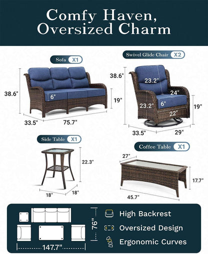 Outdoor Swivel Rocker Patio Chairs with 6-Inch Thick Cushions and Side Table, 3PCS High Back Wicker Patio Furniture Set for Porch, Balcony, Deck and Yard in Blue