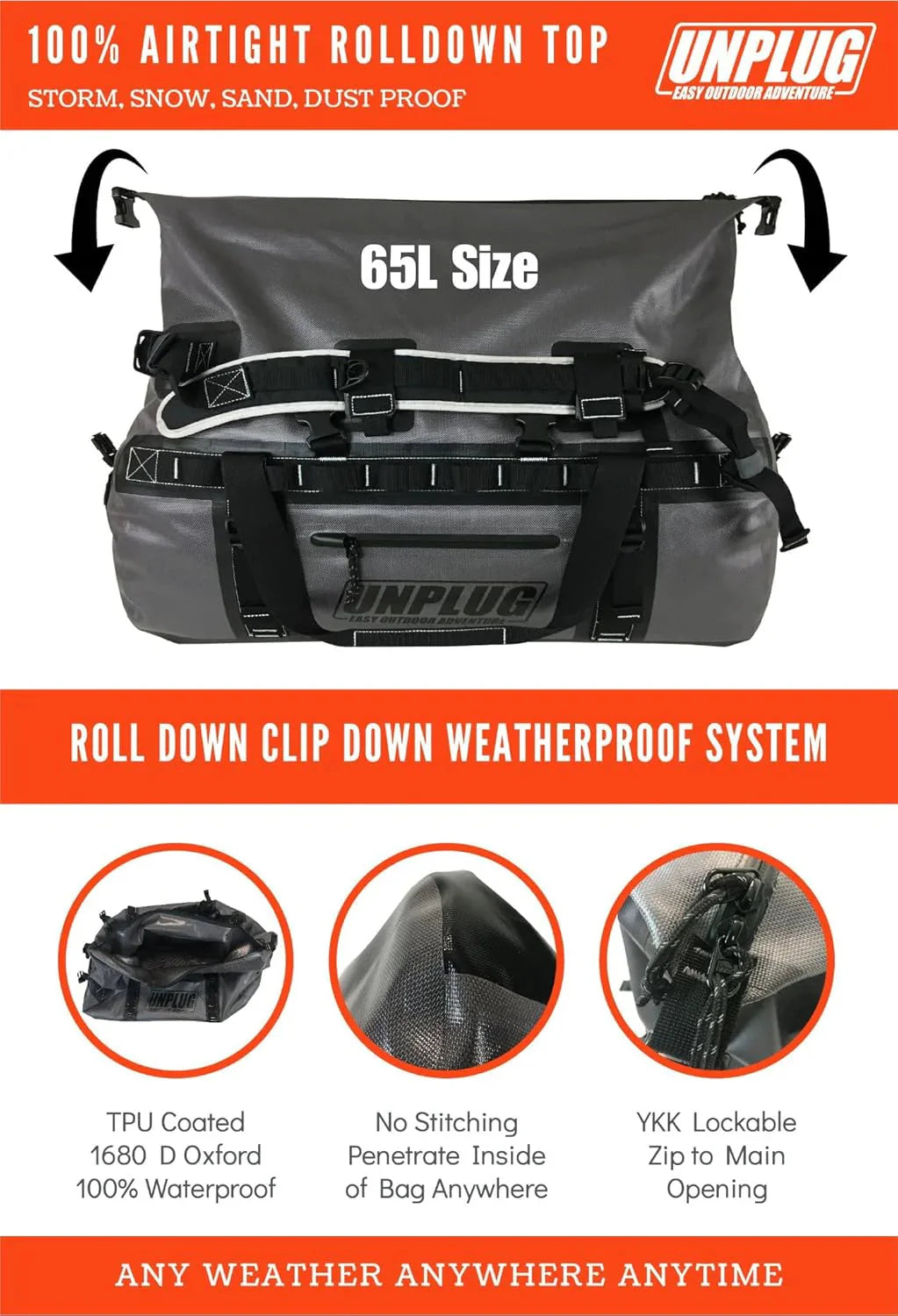 UNPLUG Ultimate Adventure Bag -1680D Heavy Duty Waterproof Travel Duffel Bags for Camping, Motorcycle Dry Bag, Waterproof Bags for Boating, Waterproof Duffle Backpack,Tactical Duffle Bag