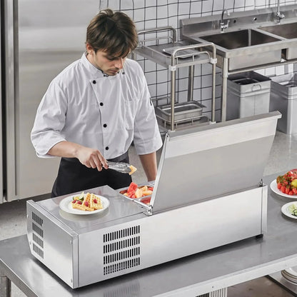 Refrigerated Condiment Prep Station, 135 W Countertop Refrigerated Condiment Station, with 2 1/3 Pans & 4 1/6 Pans, 304 Stainless Body and PC Lid, Sandwich Prep Table with Stainless Guard, ETL