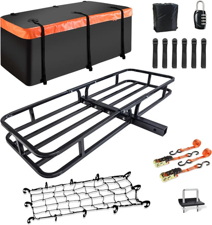Folding hitch mounted cargo basket 60" With hook stabilizer, net and straps