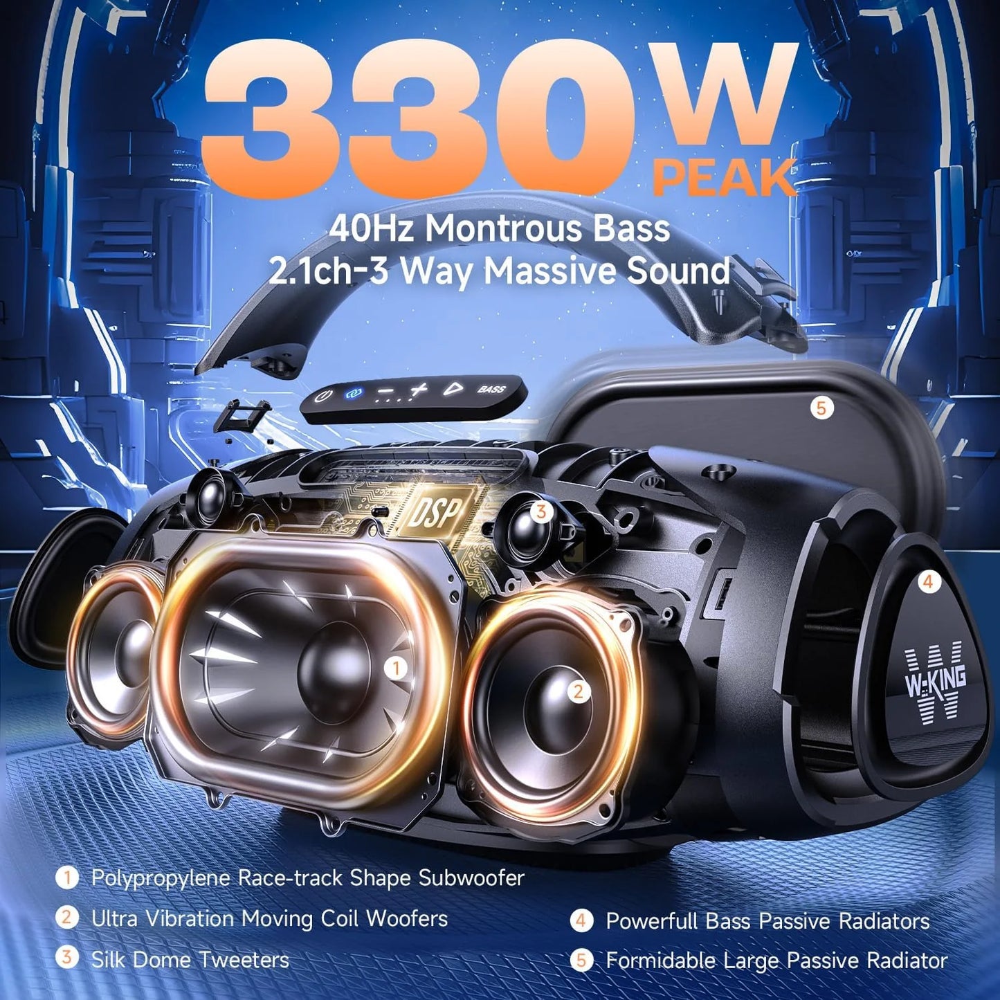 W-KING X20 Bluetooth Party Speaker, 330W, IPX7, 7.5" Subwoofer