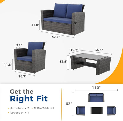Wisteria Lane 4 Piece Outdoor Patio Furniture Sets, Wicker Conversation Set for Porch Deck, Grey Rattan Sofa Chair with Cushion Blue
