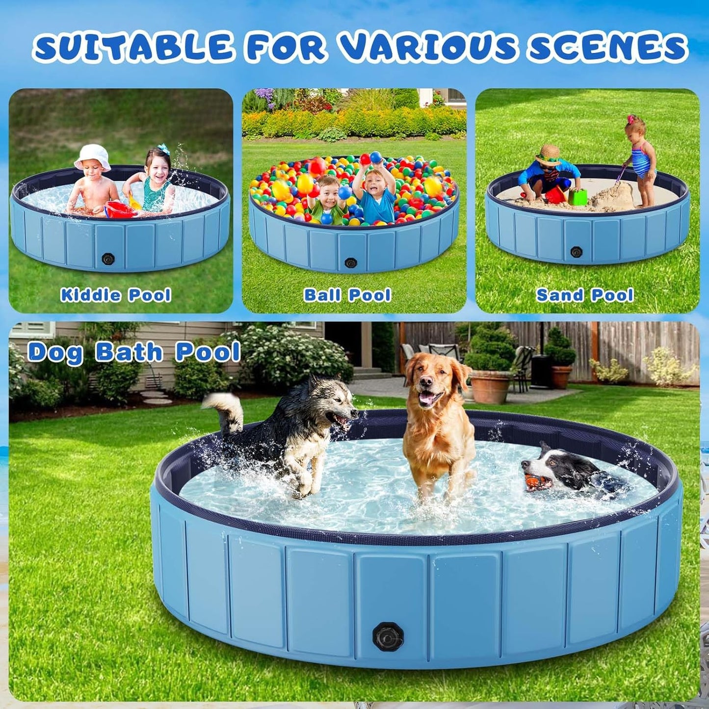 Foldable Dog Swimming Pool, 120"x20" Oversize Collapsable Hard Plastic Potable Bathing Tub for Pet Dog Kiddie Pool Indoor and Outdoor Leakproof PVC Play Pool for Large Dogs Pets Puppy Kids Blue