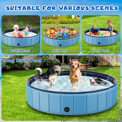 Foldable Dog Swimming Pool, 120"x20" Oversize Collapsable Hard Plastic Potable Bathing Tub for Pet Dog Kiddie Pool Indoor and Outdoor Leakproof PVC Play Pool for Large Dogs Pets Puppy Kids Blue