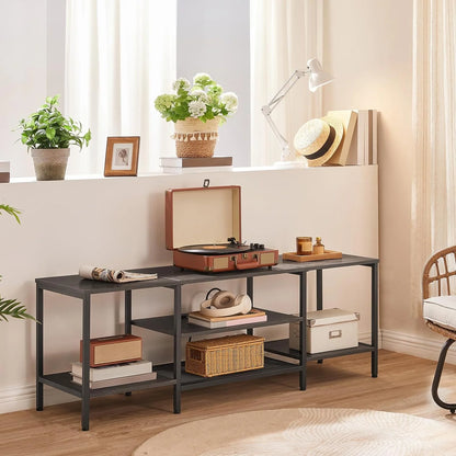 TV Stand with Power Outlets to 75 Inches, TV Console Table with Open Storage Shelves Cabinet, Industrial Media Entertainment Center for Living Room Bedroom, Rustic Brown and Black BF60DS01