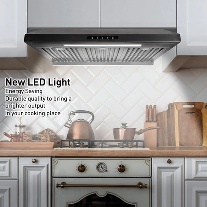 Powerful 30 Inch Under Cabinet Range Hood With Seamless Stainless Steel Body, Twin Turbo Motors, 3 Speed Touch Screen, Round Vent, Baffle Filters, LED Lights, Oil Collector