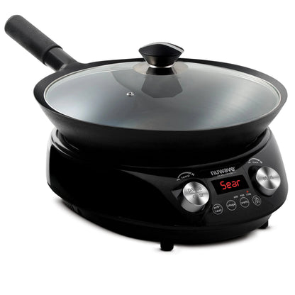Nuwave Mosaic Induction Wok, Precise Temp Controls from 100u00b0F to 575u00b0F in 5u00b0F, Wok Hei, Infuse Complex Charred Aroma & Flavor, 3 Watts 600, 900 & 1500, Authentic 14-inch Carbon Steel Wok Included