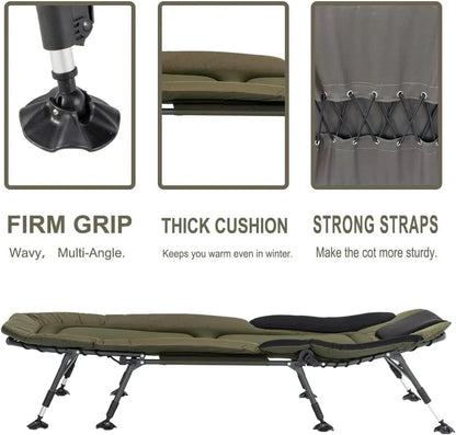 Camping Cots for Adults 330Lbs with Carry Bag, Heavy Duty Folding Bed with Soft Padded Cushion, Portable Military Cot for Hunting, 180° Adjustable Reclining Outdoor Lounger