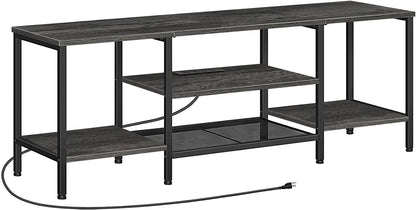 TV Stand with Power Outlets to 75 Inches, TV Console Table with Open Storage Shelves Cabinet, Industrial Media Entertainment Center for Living Room Bedroom, Rustic Brown and Black BF60DS01